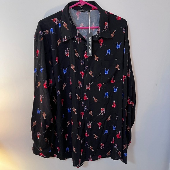 BLUE SKY GUY Other - BLUE SKY GUY Men's XL Black Hockey Player Pattern Casual Button-Down Shirt